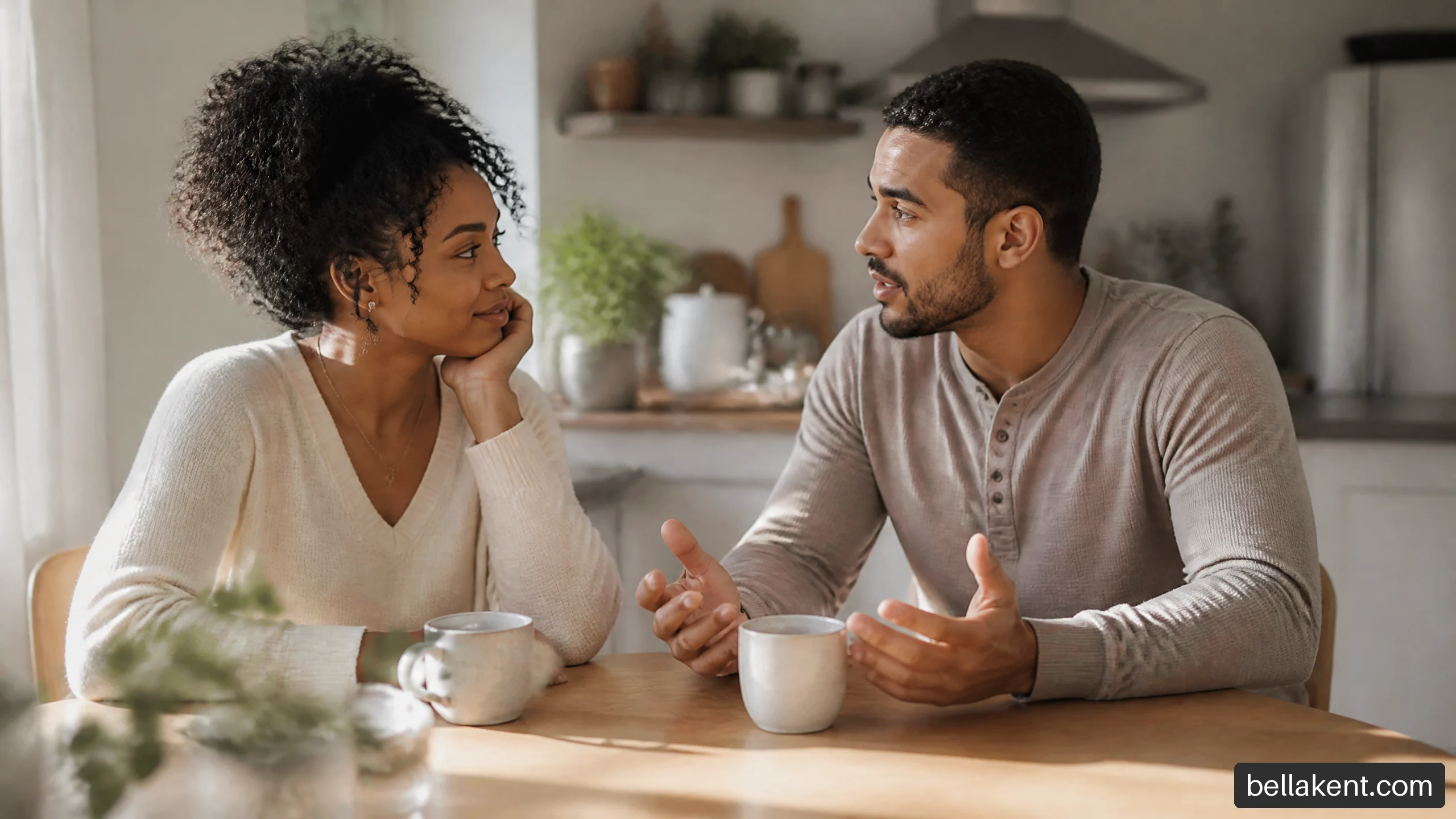 A couple having a calm, attentive conversation at their kitchen table.