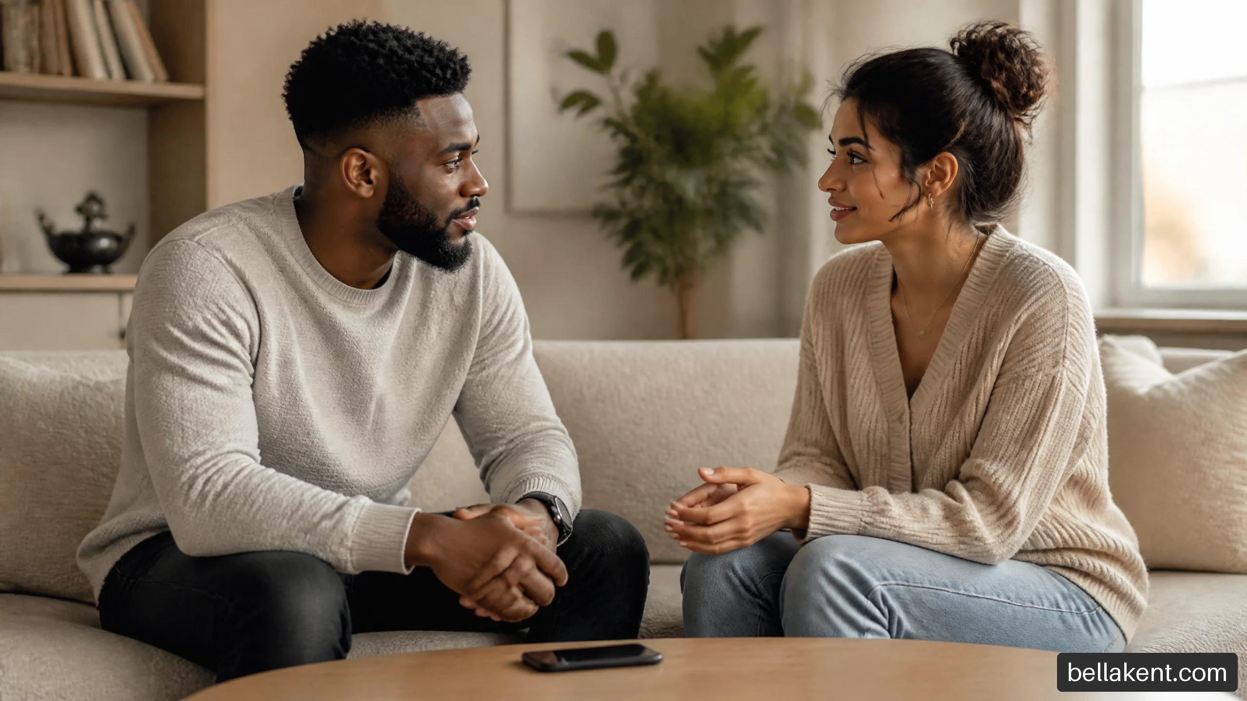 Two adults having a thoughtful conversation while sitting on a sofa.