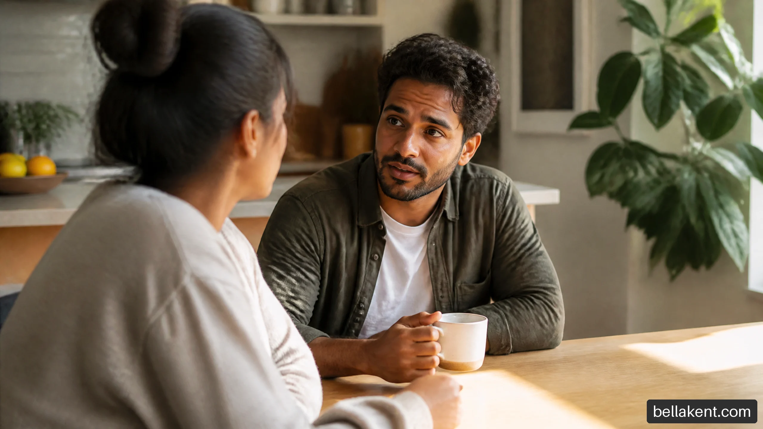 A couple having a calm, honest conversation at their kitchen table.