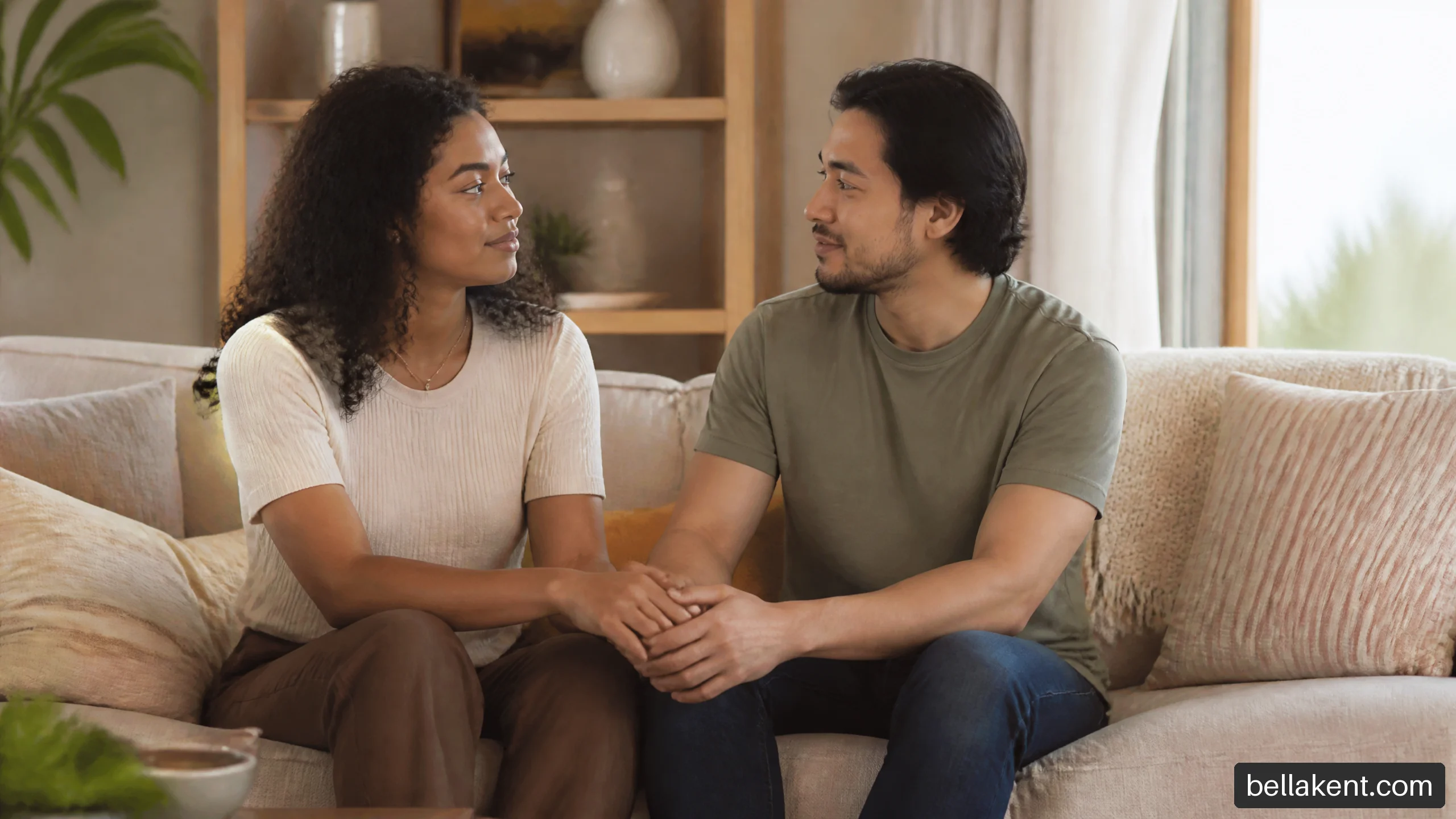 A couple sitting close together on a sofa, holding hands while reconnecting through a quiet conversation.