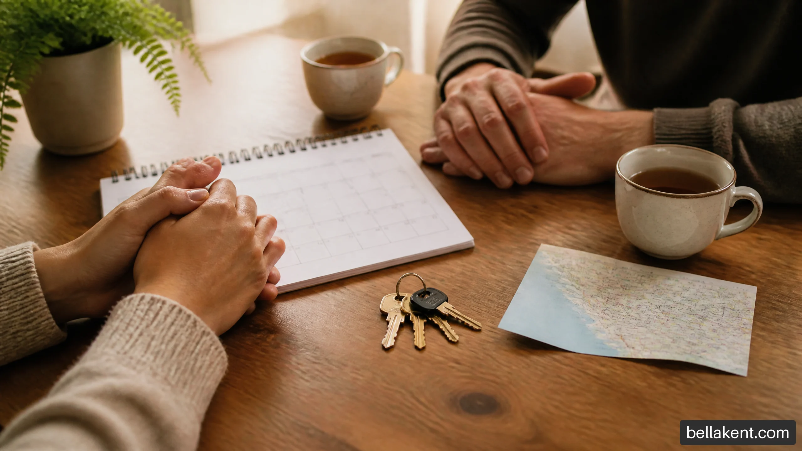 A couple using a calendar, keys, and map to discuss future plans.