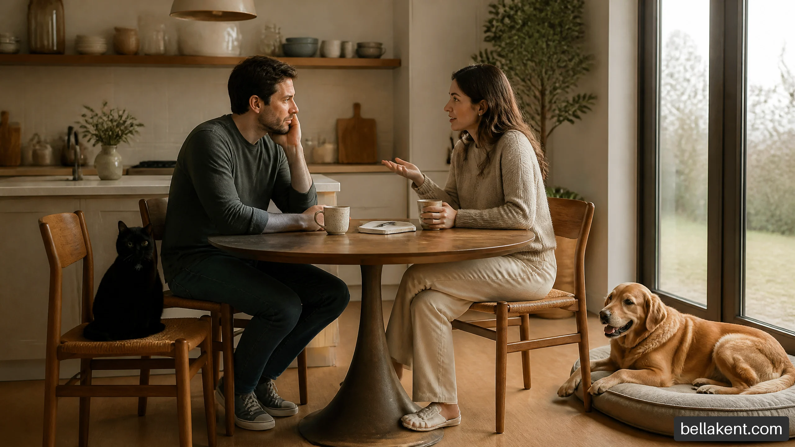 A couple with different communication styles having a thoughtful conversation at home.