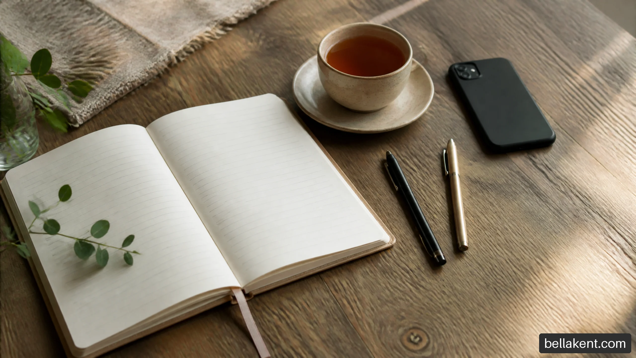Blank notebook beside two pens, a phone and a cup of tea on a wooden table.