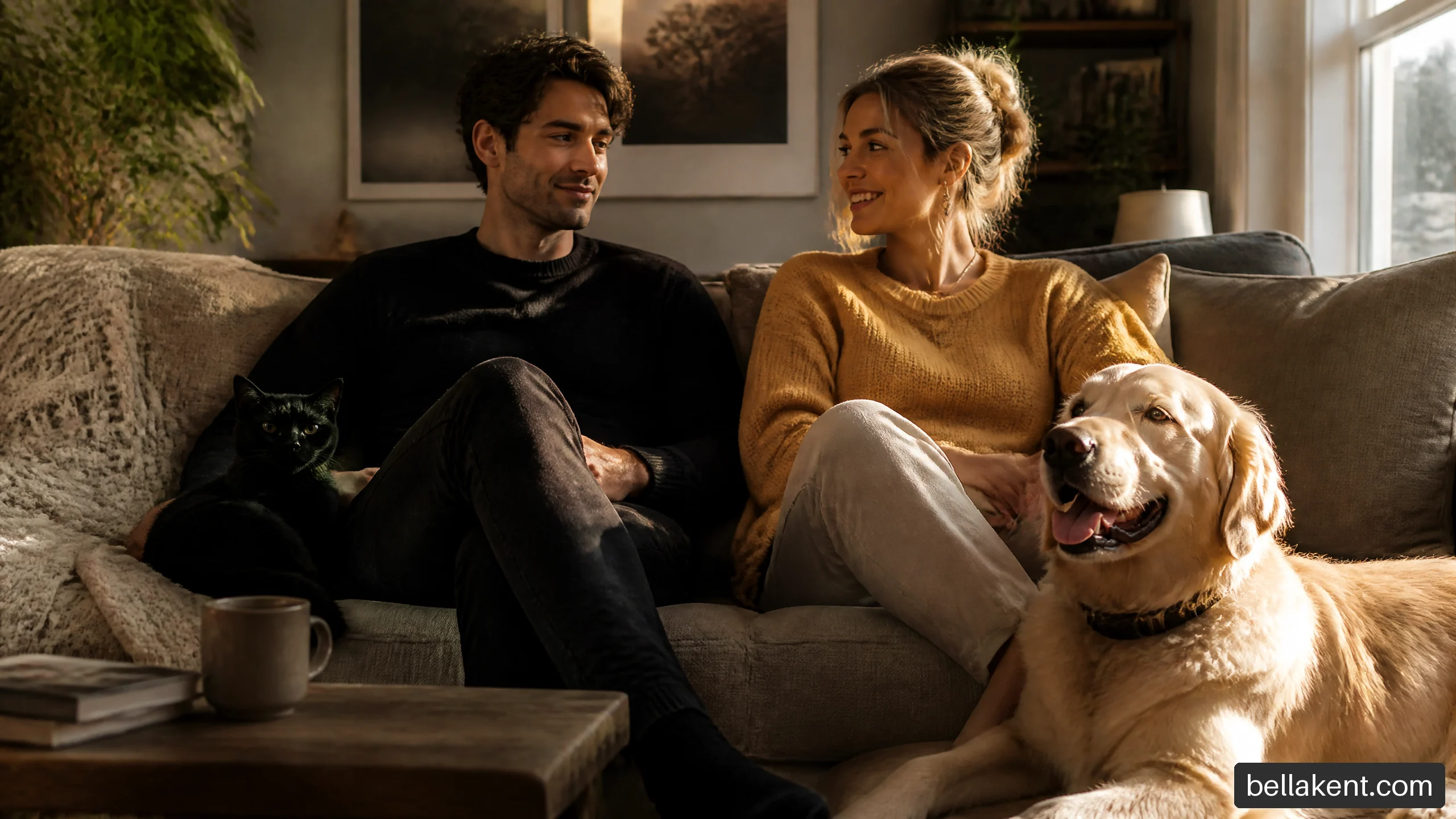 A reserved partner and an affectionate partner relaxing together with a black cat and golden retriever.