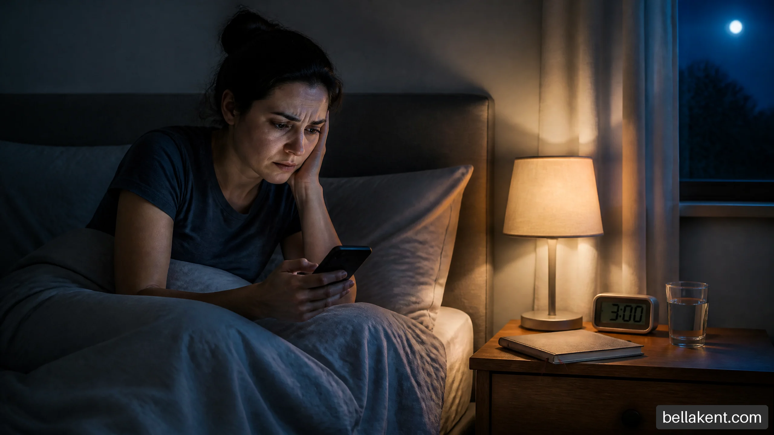 Adult sitting awake in bed at 3 a.m. looking anxiously at a smartphone beside a journal.