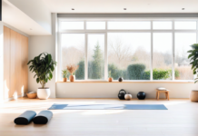 Awaken the Power of Breath for Inner Clarity Sunlit yoga room with mats, bolsters and potted plants beside large windows.