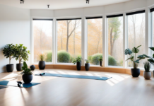 Build Flexibility and Strength Through Daily Yoga Flow Blue yoga mat in a bright studio surrounded by potted plants.