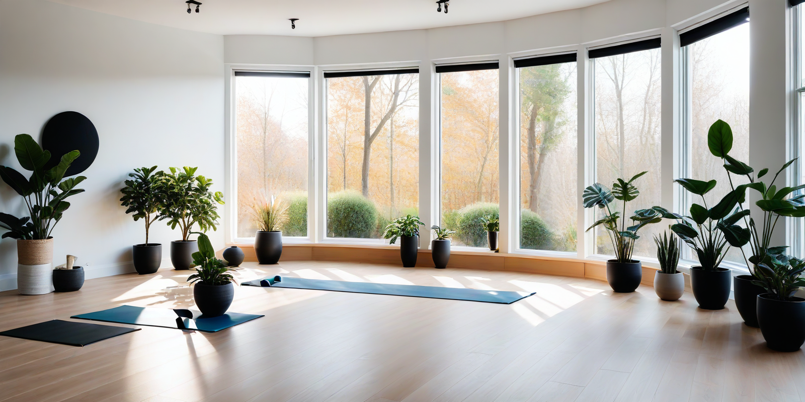 Build Flexibility and Strength Through Daily Yoga Flow Sunlit yoga studio with a mat laid out and a view of autumn trees, set for a daily flexibility and strength flow