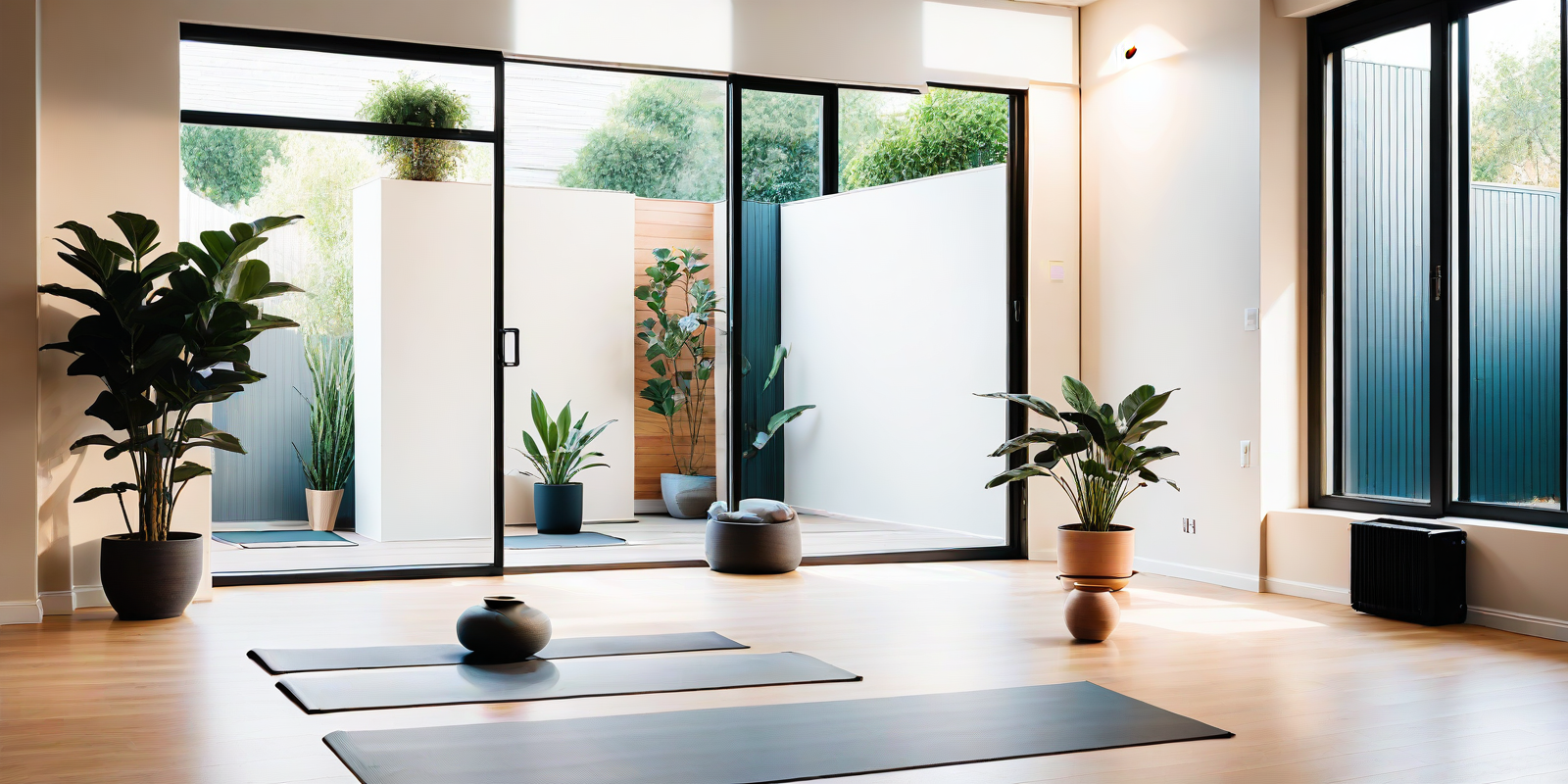 Restore and Reconnect Gentle Movement and Mindfulness Bright, plant-filled home yoga studio with mats laid out on a wood floor for a gentle movement and mindfulness practice