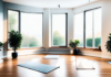 Inner Strength Through Calm Daily Practice Yoga mats on a wooden floor beside sunlit windows and houseplants.