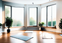 Inner Strength Through Calm Daily Practice Yoga mats on a wooden floor beside sunlit windows and houseplants.