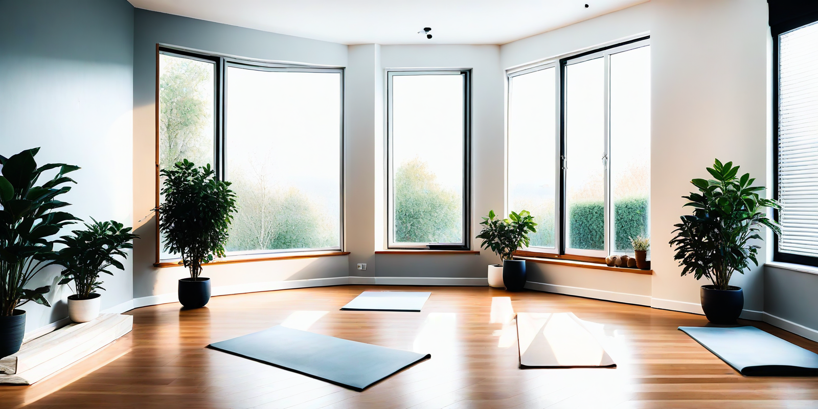Inner Strength Through Calm Daily Practice Sunlit yoga studio with mats and greenery, set up for a calm daily mindfulness practice