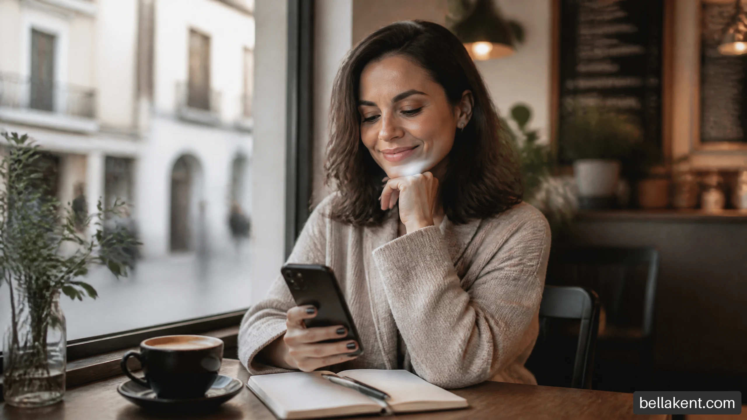 Confident woman reflecting on dating advice while sitting in a coffee shop