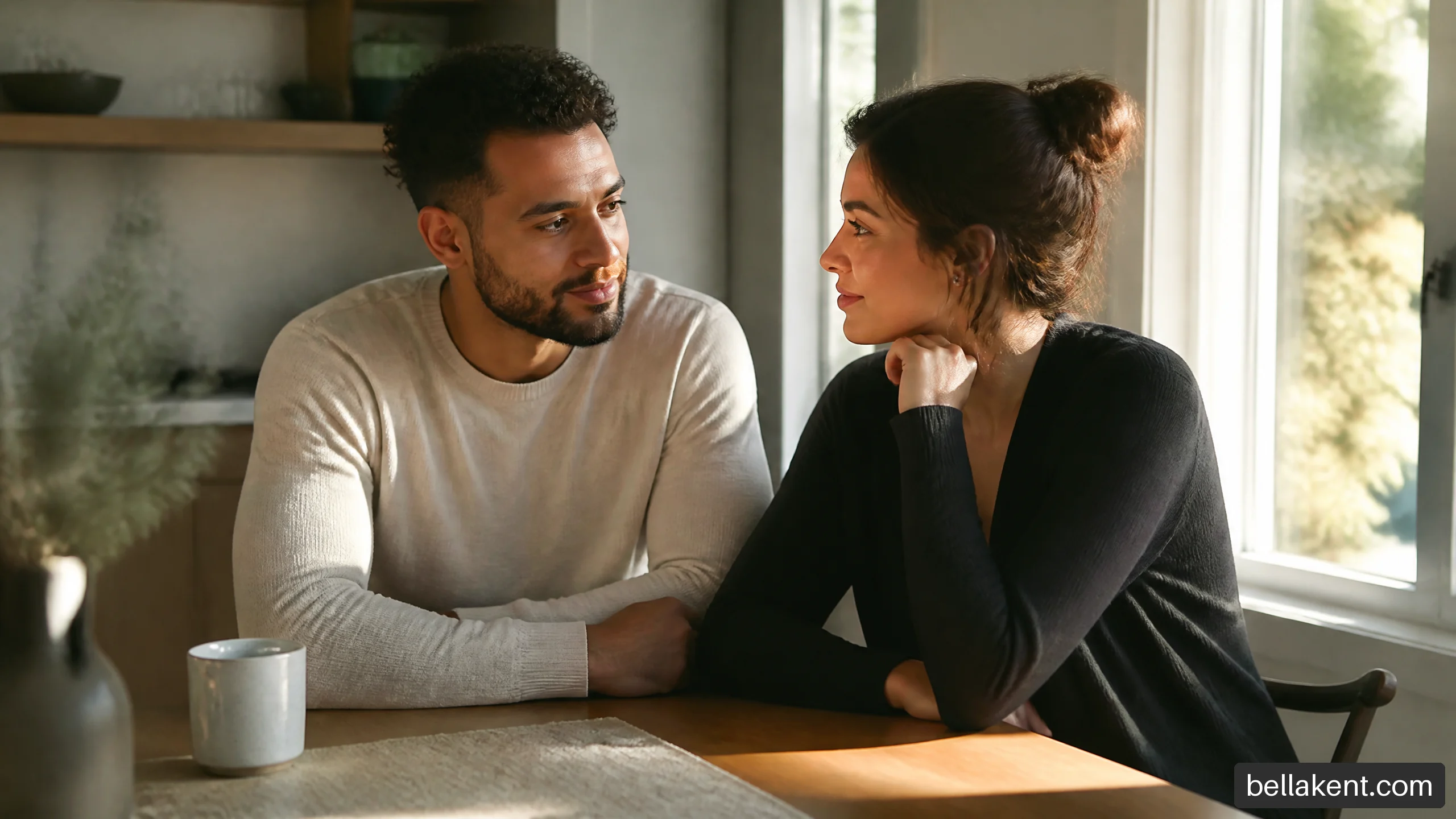 Couple sitting together at a kitchen table having a thoughtful conversation