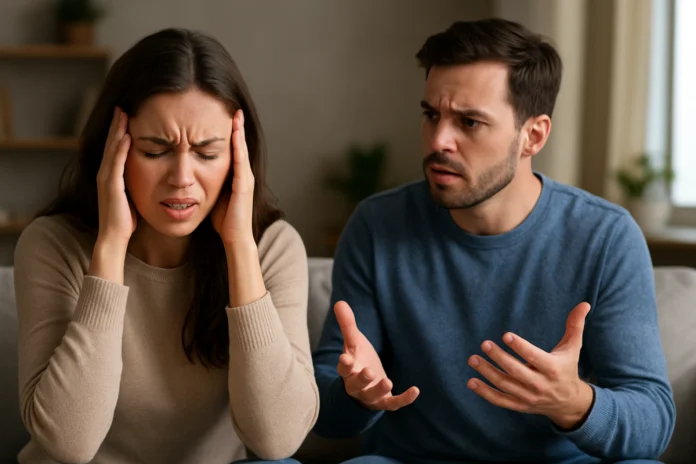 Woman holding her temples while a man gestures during a tense conversation.