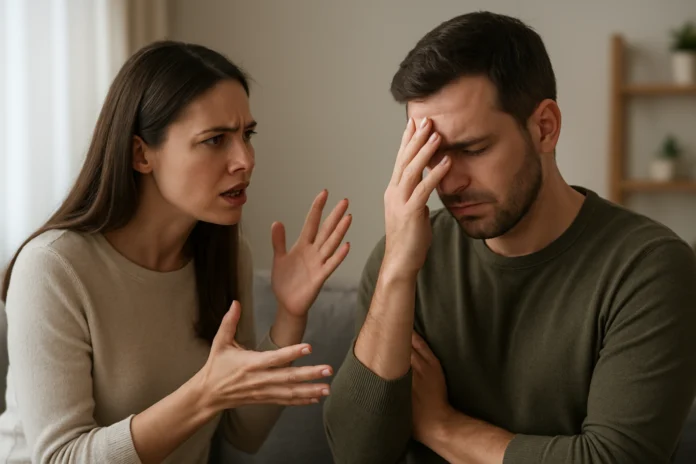 Woman gesturing toward a man who holds his forehead during a difficult conversation.