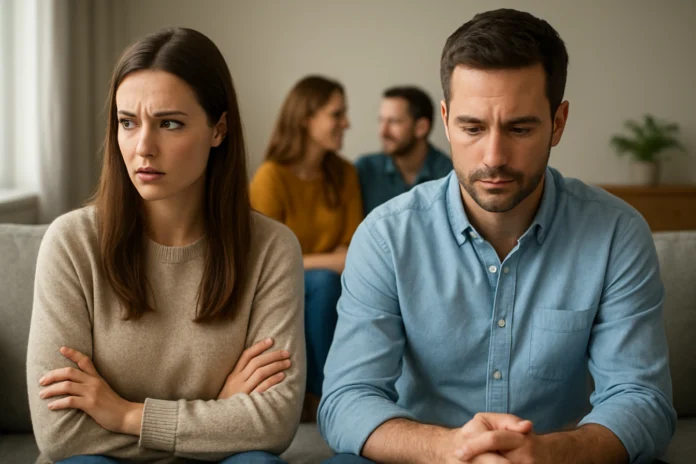 Two adults sitting with serious expressions while another pair talks behind them.