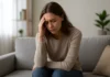 How to Move On From a Relationship That Never Actually Happened Woman sitting alone on a sofa with one hand against her forehead.