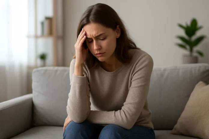 Woman sitting alone on a sofa with one hand against her forehead.