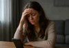 How to Stay Hopeful When Dating Starts to Feel Emotionally Exhausting Woman holding her forehead while looking at a tablet on a table.