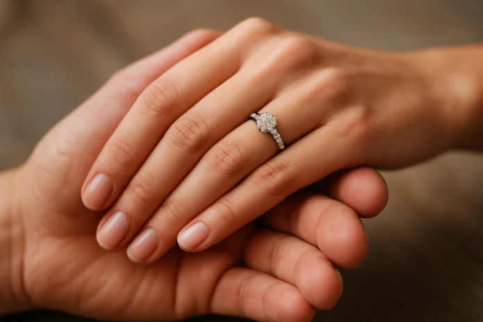 Close view of an engagement ring on a hand resting in another person's palm.