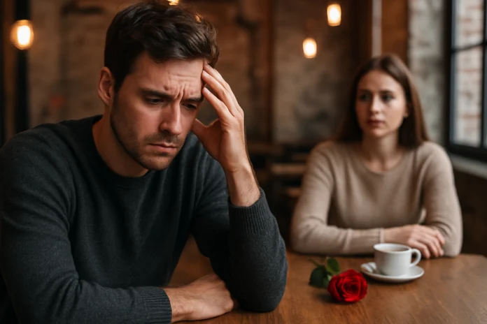 Man holding his forehead at a cafe table with a woman, a rose and a white cup behind him.