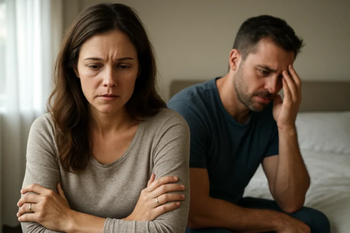 Woman sitting with folded arms while a man holds his forehead behind her.