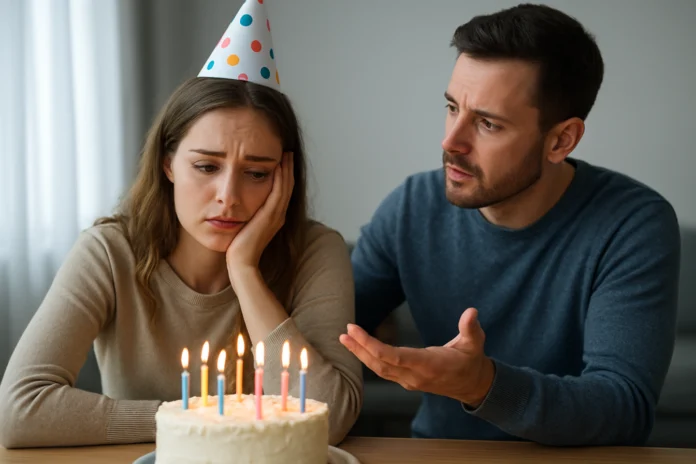 Woman in a party hat beside a birthday cake while a man gestures toward her.
