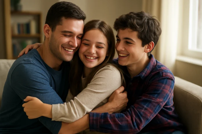 Three smiling young adults hugging together in a bright room Three smiling young adults hugging together in a bright room.