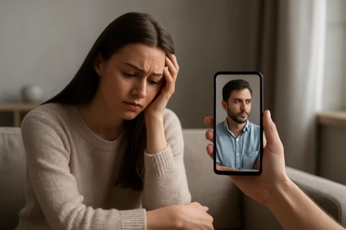 Woman holding her forehead beside a phone showing a man's face on a video call.