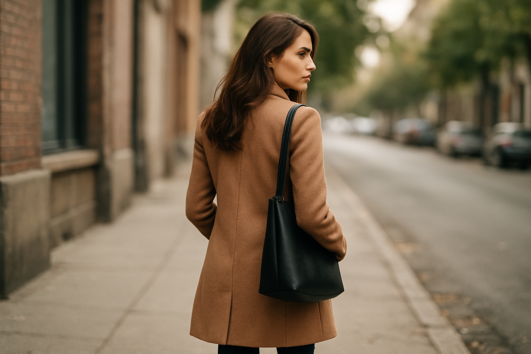 Woman in a camel coat looking back while walking along a city sidewalk with a black tote bag Woman in a camel coat looking back while walking along a city sidewalk with a black tote bag.