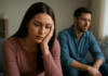 Why You’re Attracted to Emotionally Unavailable Men Woman resting her cheek against her hand while a man sits further back on the sofa.