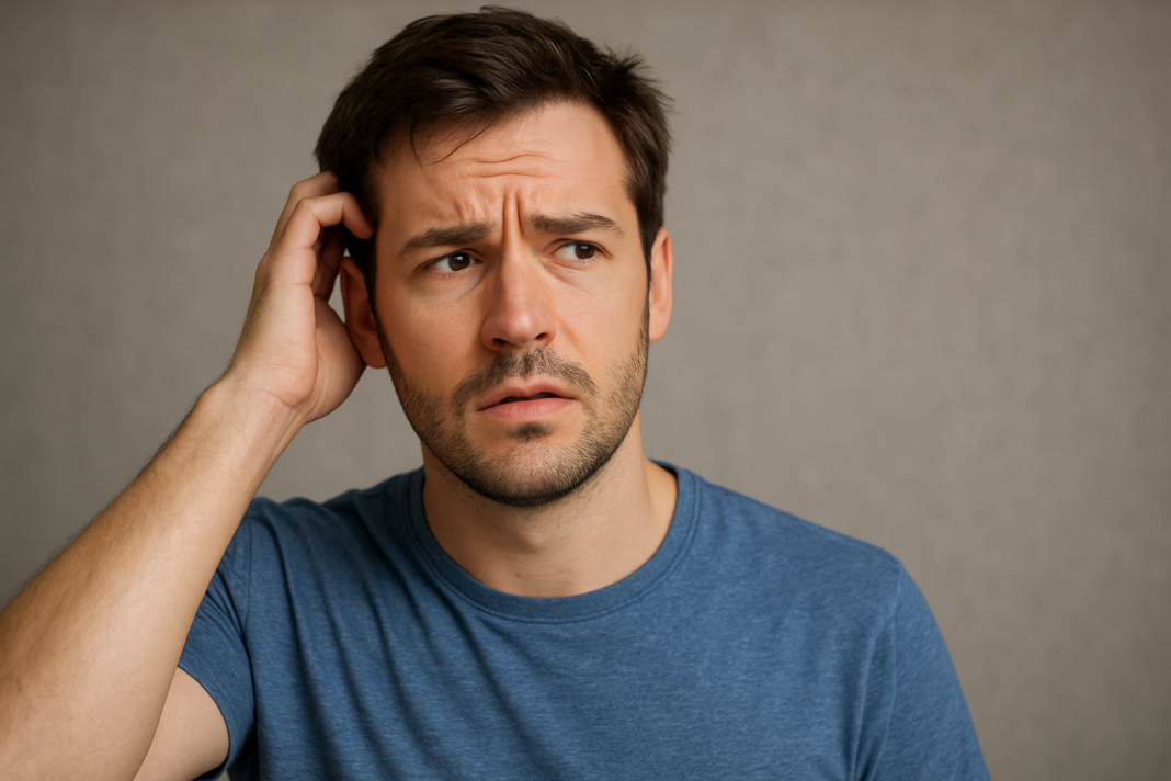 Man in a blue shirt touching his head with a questioning expression.
