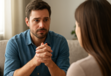 What Men Wish Women Understood About Their Hearts Man clasping his hands while listening to a woman across a table.