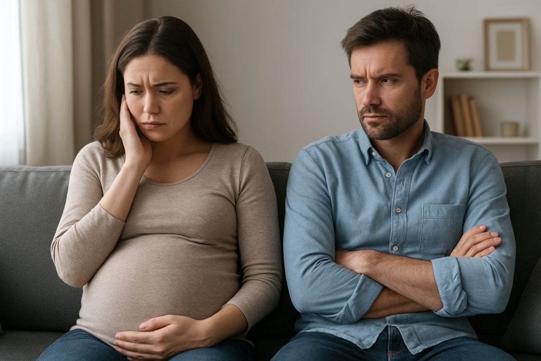 Pregnant woman holding her abdomen while a man sits beside her with folded arms Pregnant woman holding her abdomen while a man sits beside her with folded arms.