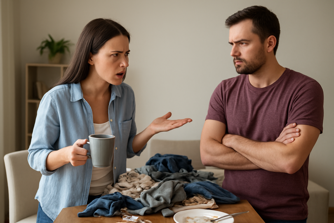 Two adults discussing household chores beside a pile of laundry.