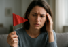Red Flags You Notice After the Shock Fades | Bella Kent Woman holding a small red flag with her other hand against her forehead.