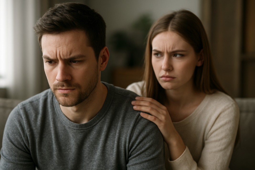 Woman resting her hand on a man's shoulder while he looks down.