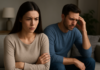 Why Old Betrayals Keep Haunting Your Present Love Woman sitting with folded arms while a man rests his hand against his forehead.