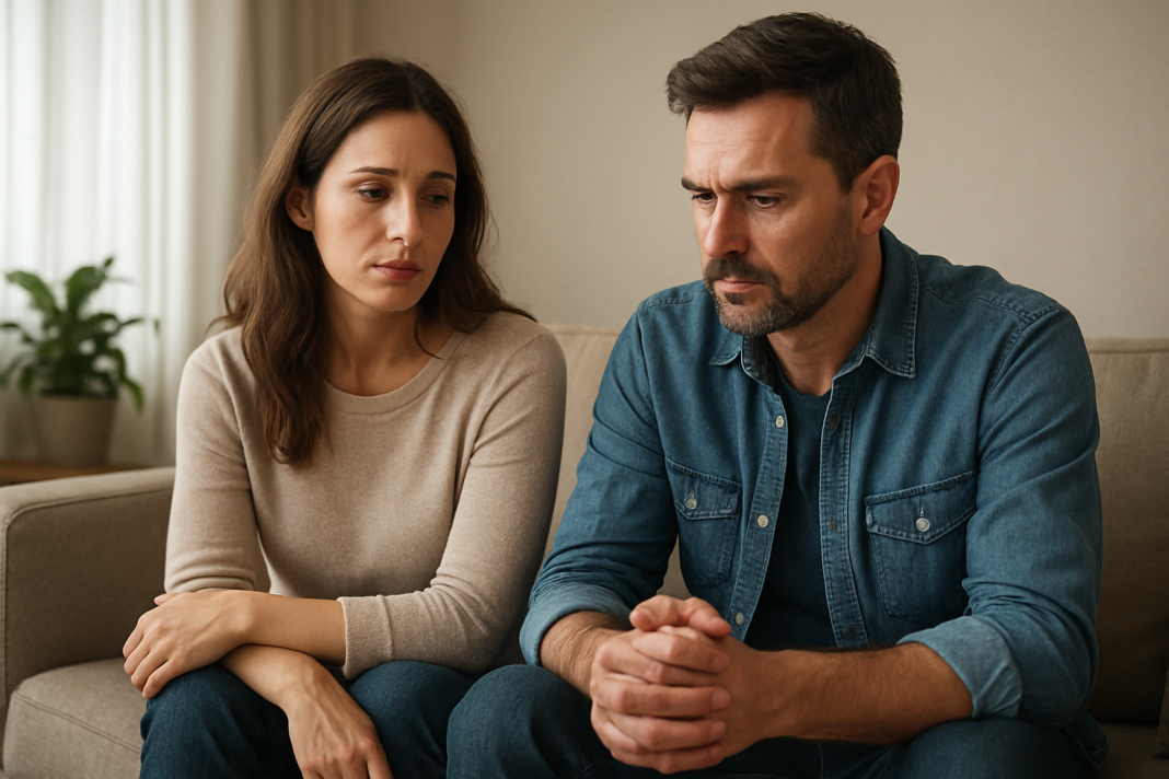 Woman resting a hand on a man's upper arm as he sits with clasped hands.