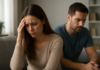 The Unique Pain of Cheating With a Family Member Woman holding her forehead while a man sits behind her with clasped hands.