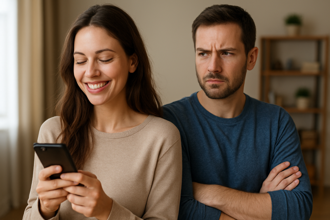 Woman smiling at her phone while a man sits behind her with folded arms.