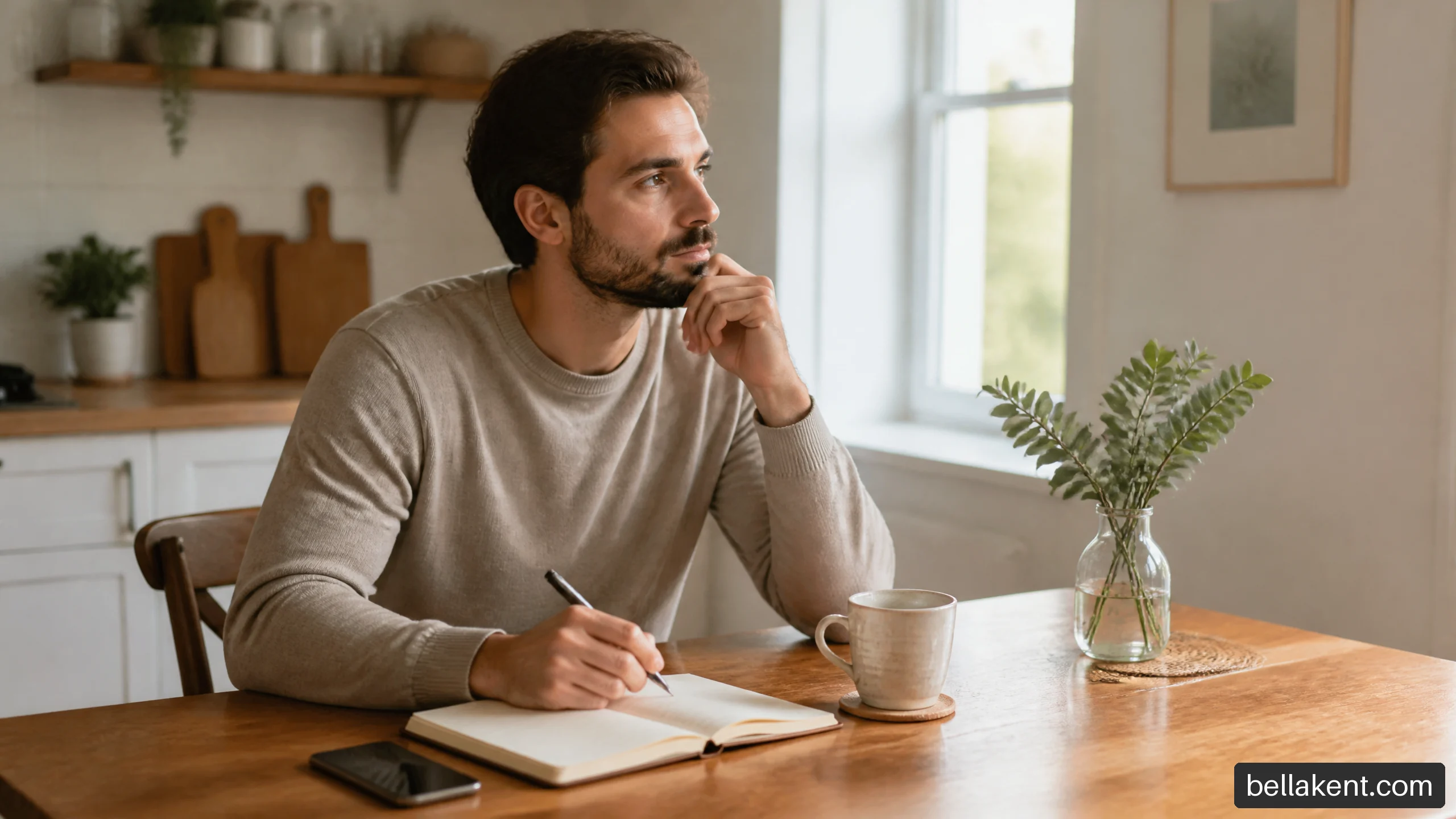 Person journaling beside a phone while reflecting calmly on relationship anxiety.