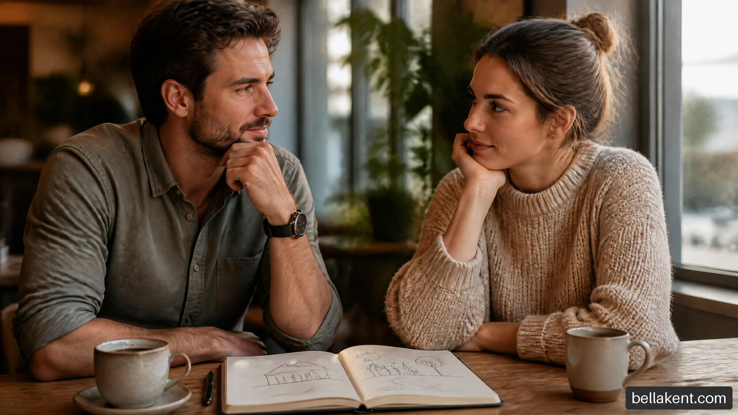 Thoughtful couple discussing their future plans over coffee.