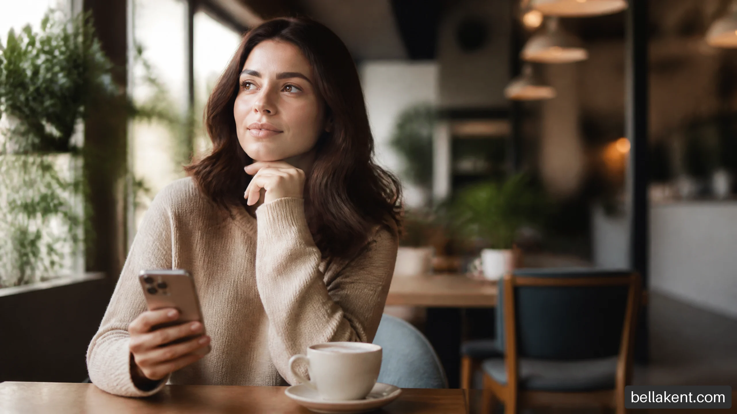 Thoughtful person looking at a phone while sitting with coffee and considering an unclear dating relationship.