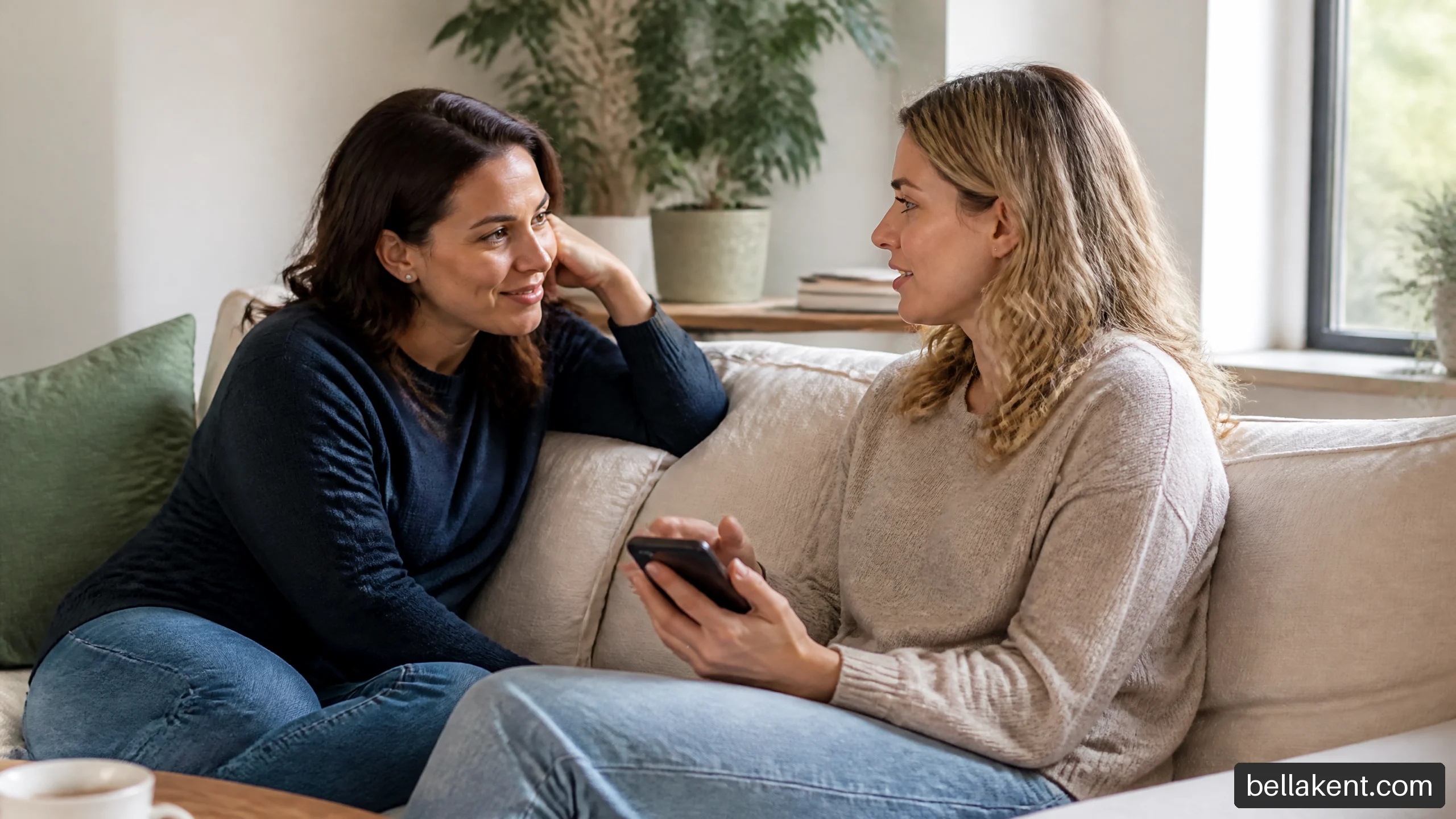 Two friends having a supportive conversation about dating boundaries and mixed signals