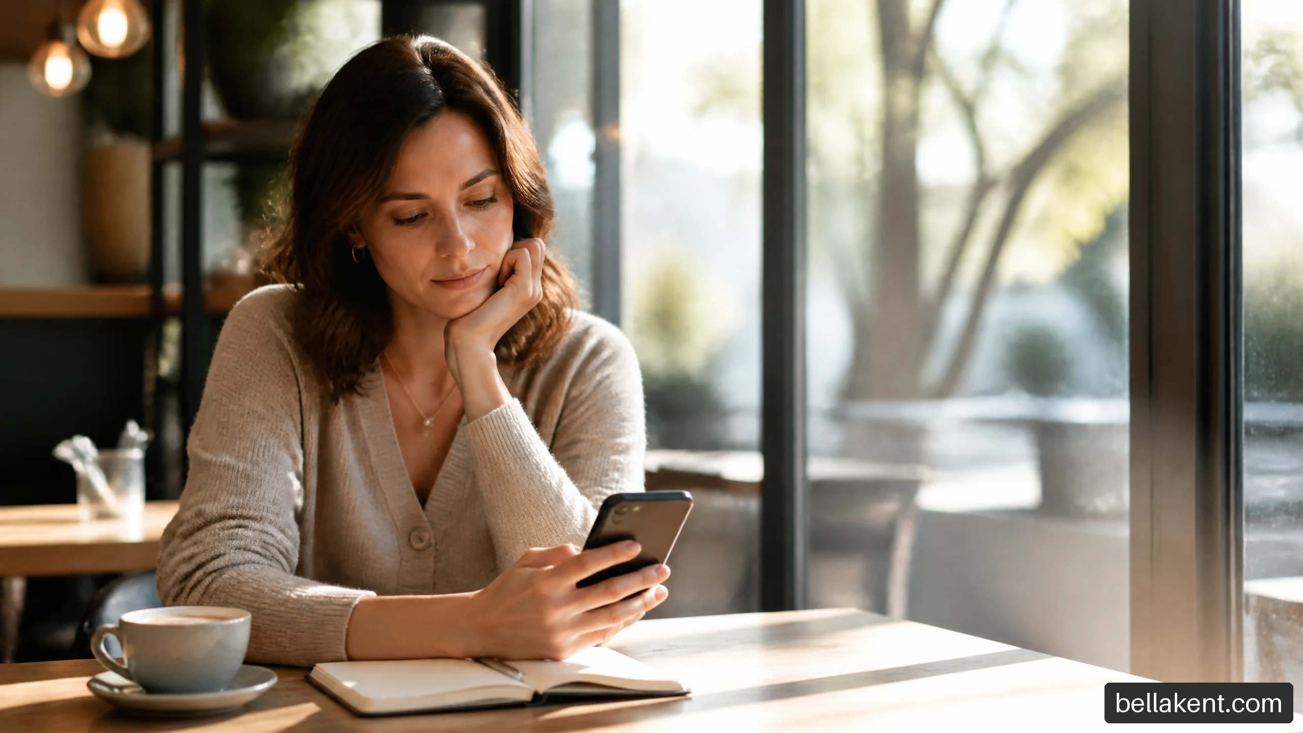 Woman at a cafe thoughtfully looking at her phone while reflecting on mixed messages in dating.