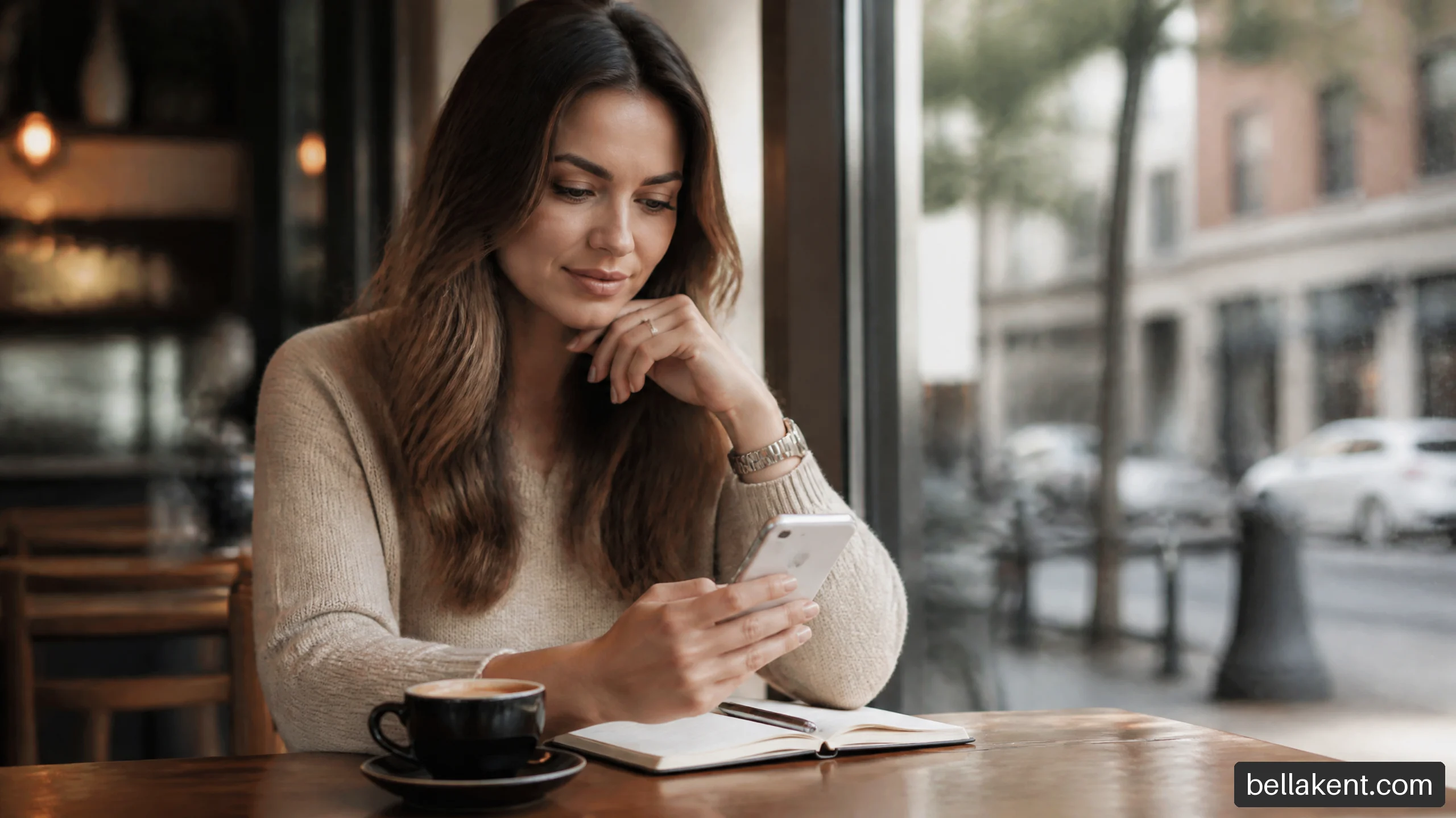 Woman at a cafe thoughtfully reviewing dating messages on her phone.