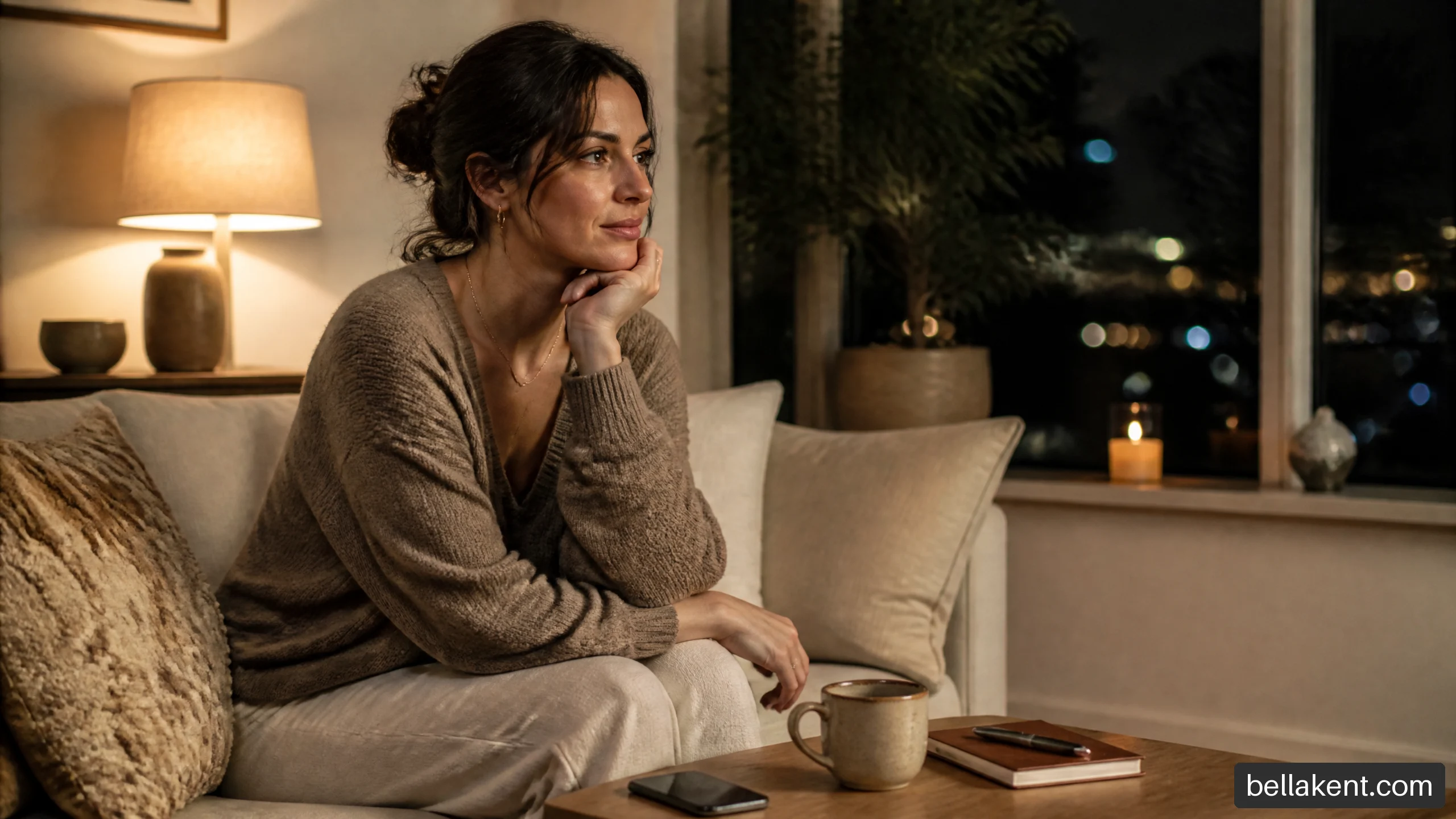Woman pausing to journal beside her phone while managing relationship anxiety at night