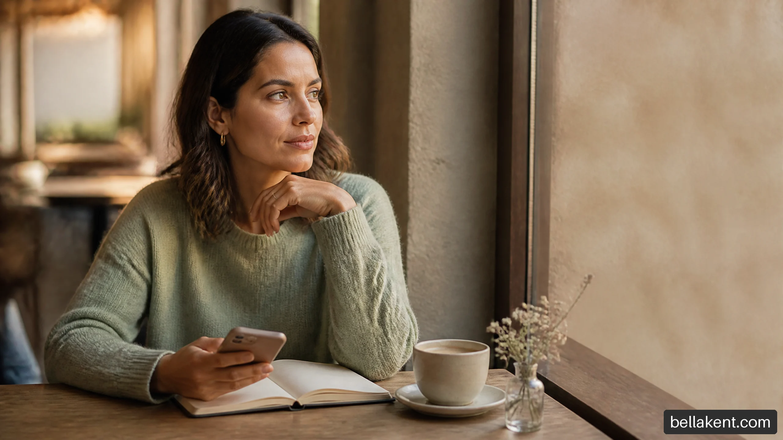 Woman reflecting on a confusing relationship while sitting with a journal and phone at a coffee shop.